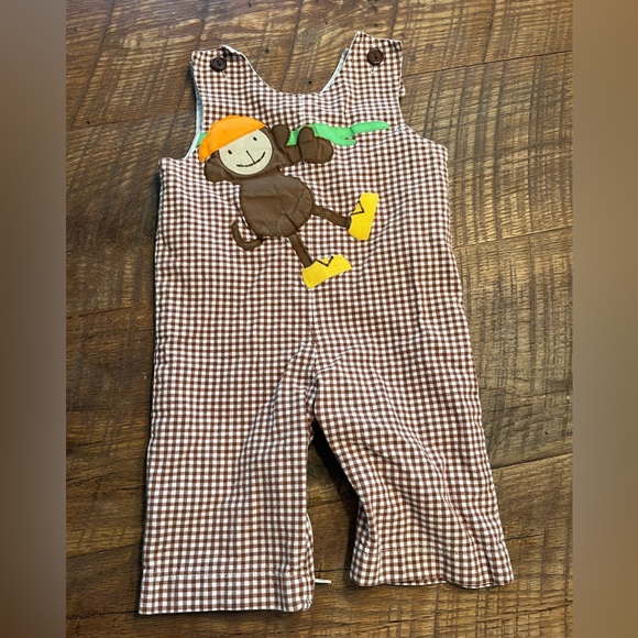 Funtasia Too Other - Brown Gingham Monkey Appliqué Kids Overalls